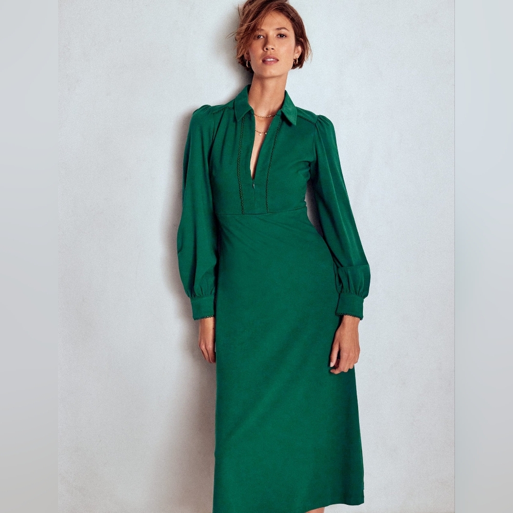 NWT Boden Pip Zip-Up Ponte Midi Dress Size 6R In Emerald Green